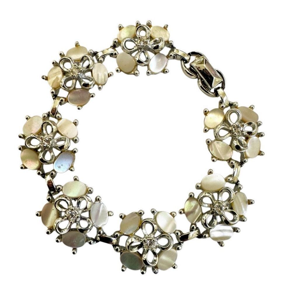 Silver tone mother of pearl floral link bracelet